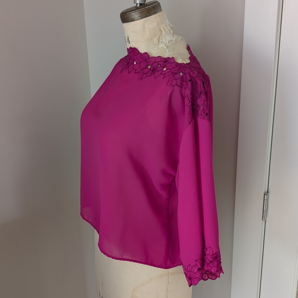 Vintage Fuchsia Lace-Trim Blouse